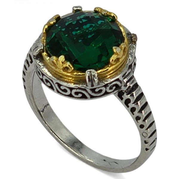 ΒΥΖΑΝΤΙΝΟ ΔΑΧΤΥΛΙΔΙ ΑΣΗΜΙ925 ΜΕ ΕΠΙΧΡΥΣΩΣΗ Κ18 ΚΑΙ ΠΡΑΣΙΝΟ ΖΙΡΚΟΝ ΠΕΤΡΑ