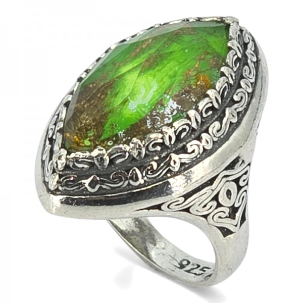 ΧΕΙΡΟΠΟΙΗΤΟ ΒΥΖΑΝΤΙΝΟ ΔΑΧΤΥΛΙΔΙ ΑΣΗΜΙ925 ΜΕ COPPER ΠΡΑΣΙΝΟ ΤΥΡΚΟΥΑΖ ΠΕΤΡΑ