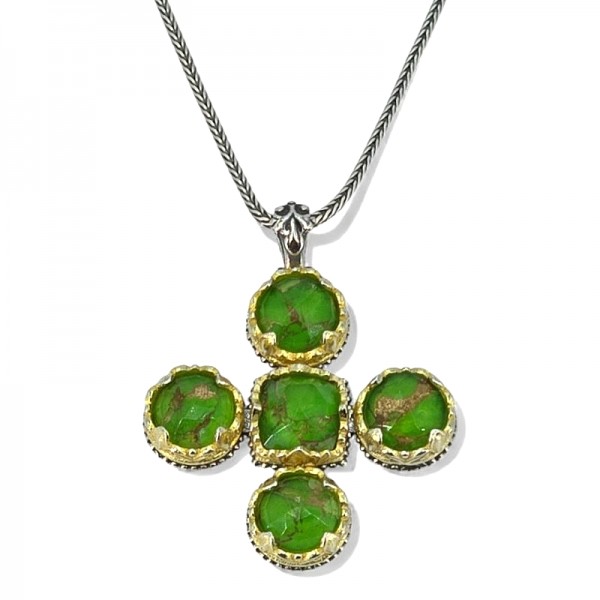 ΒΥΖΑΝΤΙΝΟΣ ΣΤΑΥΡΟΣ ΑΣΗΜΙ925 ΕΠΙΧΡΥΣΩΣΗ Κ18 ΚΑΙ ΠΡΑΣΙΝΟ COPPER ΤΥΡΚΟΥΑΖ ΠΕΤΡΕΣ