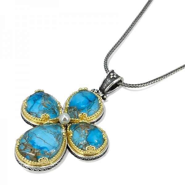 ΒΥΖΑΝΤΙΝΟΣ ΧΕΙΡΟΠΟΙΗΤΟΣ ΣΤΑΥΡΟΣ ΑΣΗΜΙ925 ΜΕ COOPER ΤΥΡΚΟΥΑΖ ΠΕΤΡΕΣ ΚΑΙ ΜΑΡΓΑΡΙΤΑΡΙ