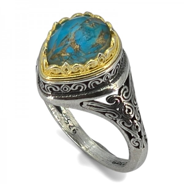 ΒΥΖΑΝΤΙΝΟ ΔΑΧΤΥΛΙΔΙ ΑΣΗΜΙ 925 ΜΕ ΕΠΙΧΡΥΣΩΣΗ Κ18 ΚΑΙ ΤΥΡΚΟΥΑΖ  ΠΕΤΡΑ