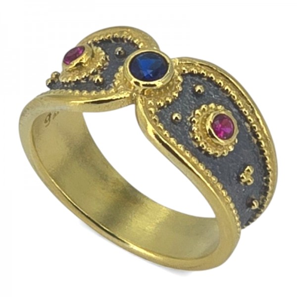 ΒΥΖΑΝΤΙΝΟ ΔΑΧΤΥΛΙΔΙ ΑΣΗΜΙ925 ΜΕ ΕΠΙΧΡΥΣΩΣΗ Κ18 ΚΑΙ ΖΙΡΚΟΝ ΠΕΤΡΕΣ