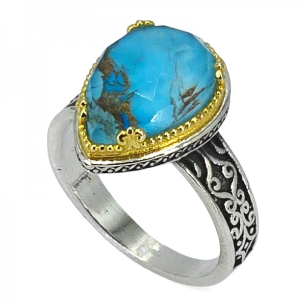 ΒΥΖΑΝΤΙΝΟ ΔΑΧΤΥΛΙΔΙ ΑΣΗΜΙ925 ΜΕ ΕΠΙΧΡΥΣΩΣΗ Κ18 ΚΑΙ COPPER ΤΥΡΚΟΥΑΖ ΠΕΤΡΑ