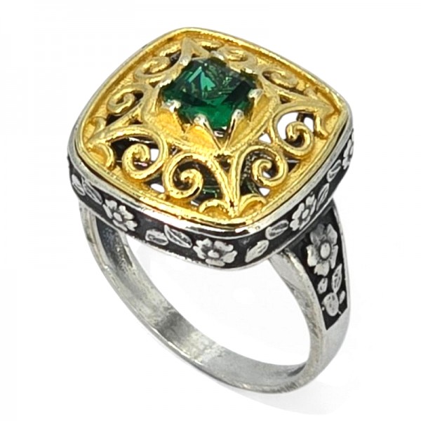 ΒΥΖΑΝΤΙΝΟ ΣΚΑΛΙΣΤΟ ΔΑΧΤΥΛΙΔΙ ΑΣΗΜΙ925 ΜΕ ΕΠΙΧΡΥΣΩΣΗ Κ18 ΚΑΙ ΠΡΑΣΙΝΟ ΖΙΡΚΟΝ ΠΕΤΡΑ