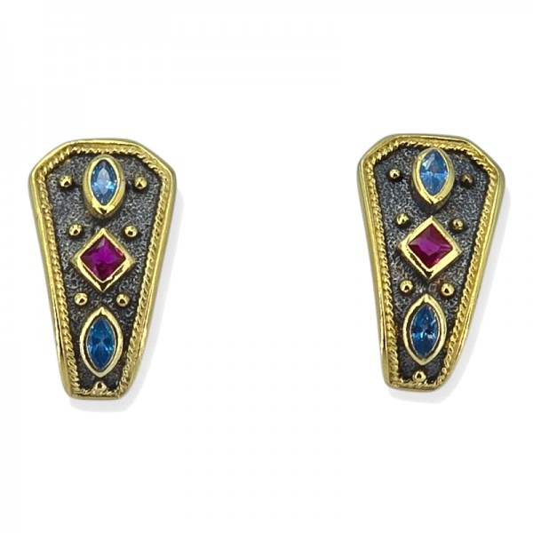 ΚΑΡΦΩΤΑ ΒΥΖΑΝΤΙΝΑ ΣΚΟΥΛΑΡΙΚΙΑ ΑΣΗΜΙ925 ΜΕ ΕΠΙΧΡΥΣΩΣΗ Κ18 ΚΑΙ ΖΙΡΚΟΝ ΠΕΤΡΕΣ