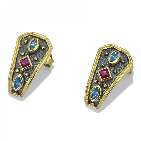 ΚΑΡΦΩΤΑ ΒΥΖΑΝΤΙΝΑ ΣΚΟΥΛΑΡΙΚΙΑ ΑΣΗΜΙ925 ΜΕ ΕΠΙΧΡΥΣΩΣΗ Κ18 ΚΑΙ ΖΙΡΚΟΝ ΠΕΤΡΕΣ