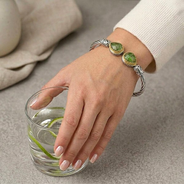 ΧΕΙΡΟΠΟΙΗΤΟ ΒΥΖΑΝΤΙΝΟ ΒΡΑΧΙΟΛΙ ΧΕΙΡΟΠΕΔΑ ΑΣΗΜΙ925 ΜΕ ΠΡΑΣΙΝΟ ΚΑΙ ΕΠΙΧΡΥΣΩΣΗ Κ18