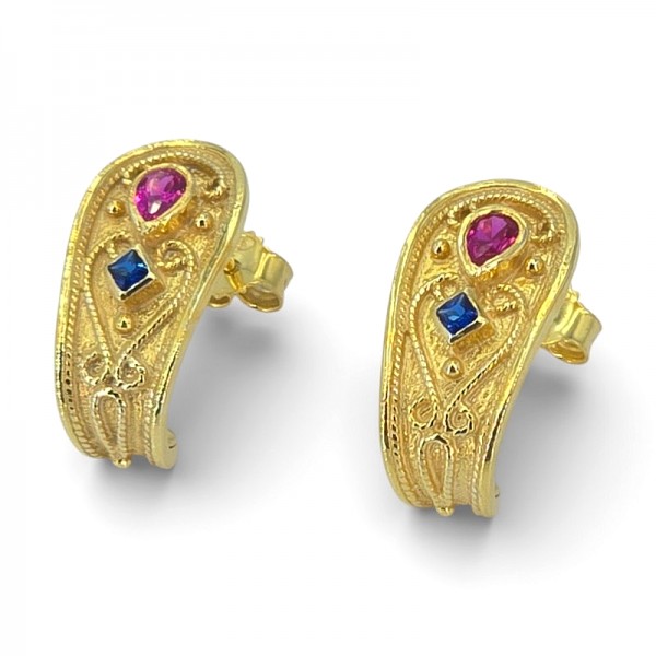 ΚΑΡΦΩΤΑ ΒΥΖΑΝΤΙΝΑ ΣΚΟΥΛΑΡΙΚΙΑ ΑΣΗΜΙ925 ΜΕ ΕΠΙΧΡΥΣΩΣΗ Κ18 ΚΑΙ ΖΙΡΚΟΝ ΠΕΤΡΕΣ