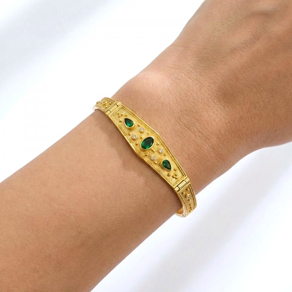 ΒΥΖΑΝΤΙΝΟ ΧΕΙΡΟΠΟΙΗΤΟ ΒΡΑΧΙΟΛΙ ΑΣΗΜΙ925 ΕΠΙΧΡΥΣΩΣΗ Κ18 ΚΑΙ ΠΡΑΣΙΝΟ ΖΙΡΚΟΝ ΠΕΤΡΕΣ