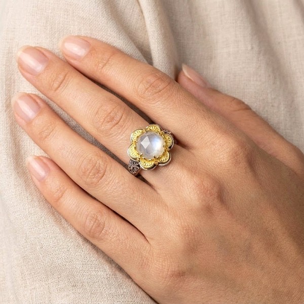 ΔΙΧΡΩΜΟ ΒΥΖΑΝΤΙΝΟ ΔΑΧΤΥΛΙΔΙ ΑΣΗΜΙ925 ΜΕ ΦΙΛΝΤΙΣΙ ΧΑΛΑΖΙΑ ΠΕΤΡΑ