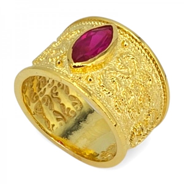 ΒΥΖΑΝΤΙΝΟ ΣΚΑΛΙΣΤΟ ΔΑΧΤΥΛΙΔΙ ΑΠΟ ΑΣΗΜΙ 925 ΜΕ ΕΠΙΧΡΥΣΩΣΗ ΚΑΙ ΡΟΥΜΠΙΝΟΓΡΑΝΑΔΑ ΠΕΤΡΑ