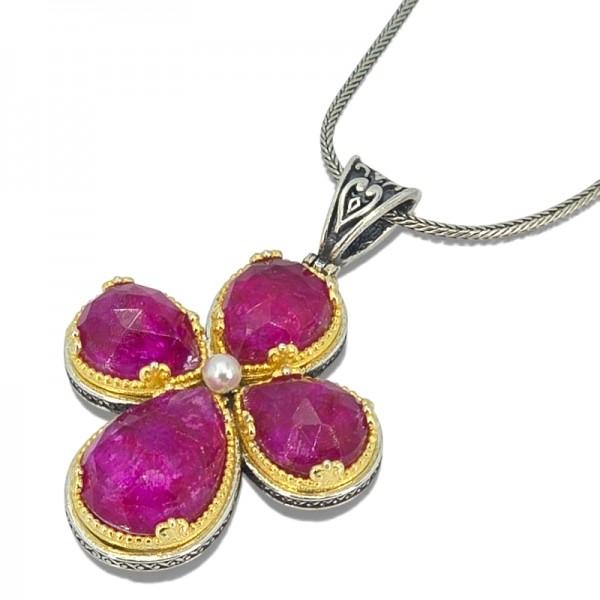 ΒΥΖΑΝΤΙΝΟΣ ΧΕΙΡΟΠΟΙΗΤΟΣ ΣΤΑΥΡΟΣ ΑΣΗΜΙ925 ΜΕ ΡΟΥΜΠΙΝΙ ΠΕΤΡΕΣ ΚΑΙ ΜΑΡΓΑΡΙΤΑΡΙ