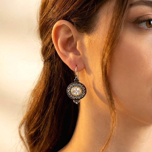 BYZANTINA ΣΚΟΥΛΑΡΙΚΙΑ AΠO ΑΣΗΜΙ925 ΜΕ ΕΠΙΧΡΥΣΩΣΗ Κ18 ΚΑΙ ΛΑΠΙΣ ΠΕΤΡΑ