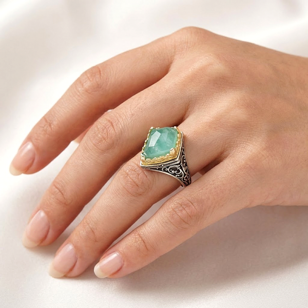 ΒΥΖΑΝΤΙΝΟ ΣΚΑΛΙΣΤΟ ΔΑΧΤΥΛΙΔΙ ΑΣΗΜΙ925 ΜΕ ΕΠΙΧΡΥΣΩΣΗ Κ18 ΚΑΙ ΑΜΑΖΟΝΙΤΗ ΠΕΤΡΑ