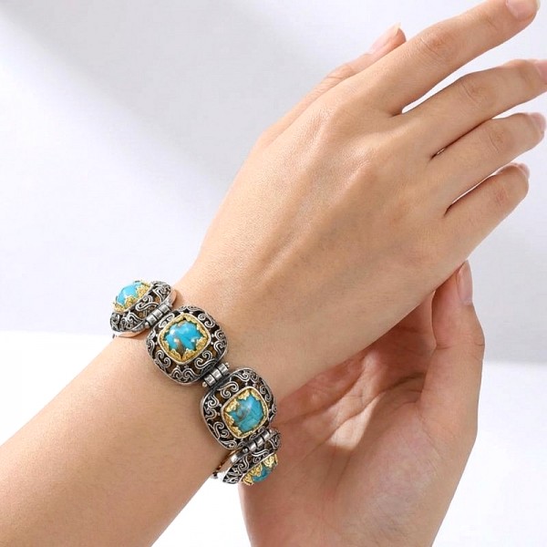 ΧΕΙΡΟΠΟΙΗΤΟ ΒΥΖΑΝΤΙΝΟ ΒΡΑΧΙΟΛΙ ΑΣΗΜΙ925 ΕΠΙΧΡΥΣΩΣΗ Κ18 ΜΕ COPPER ΤΥΡΚΟΥΑΖ ΠΕΤΡΕΣ