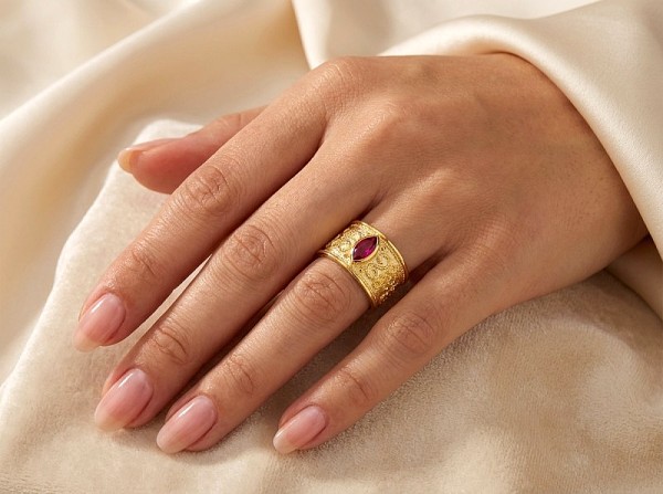 ΒΥΖΑΝΤΙΝΟ ΣΚΑΛΙΣΤΟ ΔΑΧΤΥΛΙΔΙ ΑΠΟ ΑΣΗΜΙ925 ΜΕ ΕΠΙΧΡΥΣΩΣΗ ΚΑΙ ΡΟΥΜΠΙΝΟΓΡΑΝΑΔΑ ΠΕΤΡΑ