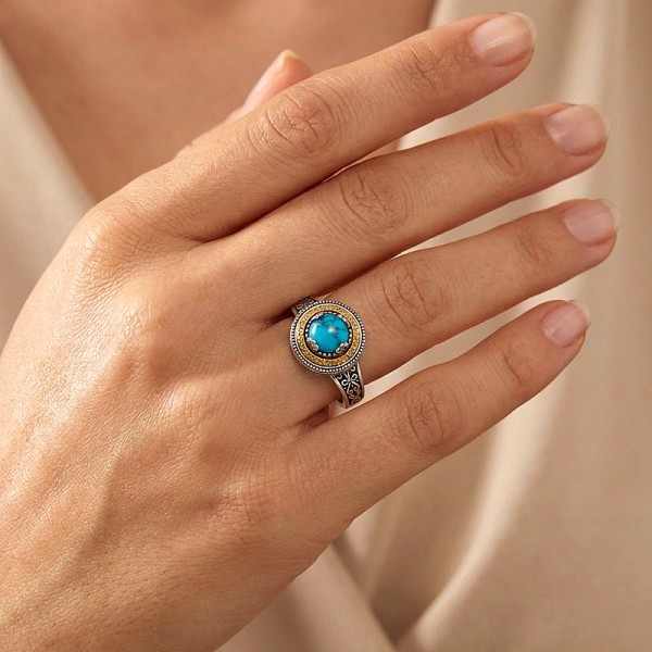 ΧΕΙΡΟΠΟΙΗΤΟ ΒΥΖΑΝΤΙΝΟ ΔΑΧΤΥΛΙΔΙ ΑΣΗΜΙ925 ΜΕ ΤΥΡΚΟΥΑΖ ΠΕΤΡΑ