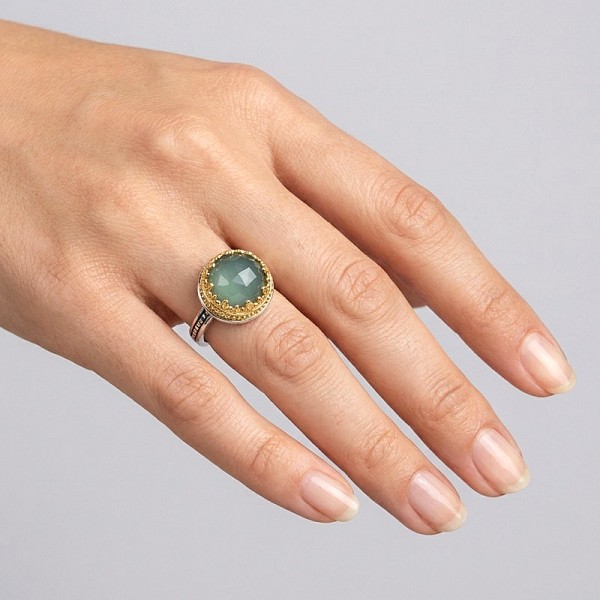 ΒΥΖΑΝΤΙΝΟ ΔΑΧΤΥΛΙΔΙ ΑΣΗΜΙ 925 ΜΕ ΕΠΙΧΡΥΣΩΣΗ Κ18 ΚΑΙ ΑΜΑΖΟΝΙΤΗ ΠΕΤΡΑ