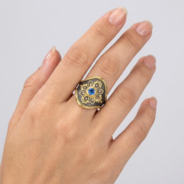 ΧΕΙΡΟΠΟΙΗΤΟ ΒΥΖΑΝΤΙΝΟ ΔΑΧΤΥΛΙΔΙ ΑΣΗΜΙ925 ΜΕ AQUA MARINA ΠΕΤΡΑ