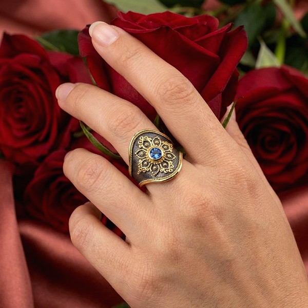 ΧΕΙΡΟΠΟΙΗΤΟ ΒΥΖΑΝΤΙΝΟ ΔΑΧΤΥΛΙΔΙ ΑΣΗΜΙ925 ΜΕ AQUA MARINA ΠΕΤΡΑ