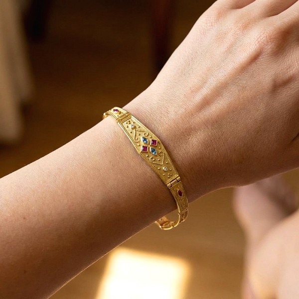 ΒΥΖΑΝΤΙΝΟ ΧΕΙΡΟΠΟΙΗΤΟ ΒΡΑΧΙΟΛΙ ΑΣΗΜΙ925 ΕΠΙΧΡΥΣΩΣΗ Κ18 ΚΑΙ ΠΡΑΣΙΝΟ ΖΙΡΚΟΝ ΠΕΤΡΕΣ