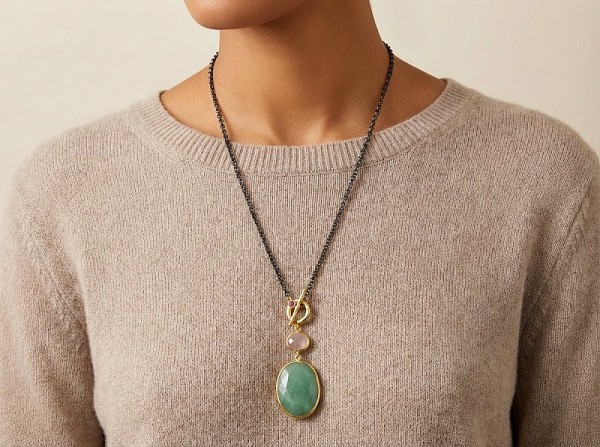 ΧΕΙΡΟΠΟΙΗΤΟ ΑΝΤΙΚΕ ΚΟΛΙΕ ΑΣΗΜΙ925 ΜΕ ΑΜΑΖΟΝΙΤΗ ΚΑΙ ΡΟΖ QUARTZ  ΠΕΤΡΑ