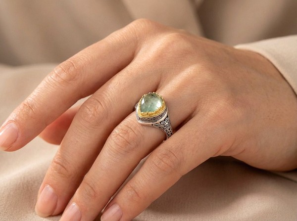 ΒΥΖΑΝΤΙΝΟ ΔΑΧΤΥΛΙΔΙ ΑΣΗΜΙ 925 ΜΕ ΕΠΙΧΡΥΣΩΣΗ Κ18 ΚΑΙ ΠΡΑΣΙΝΟ COPPER TΥΡΚΟΥΑΖ ΠΕΤΡΑ