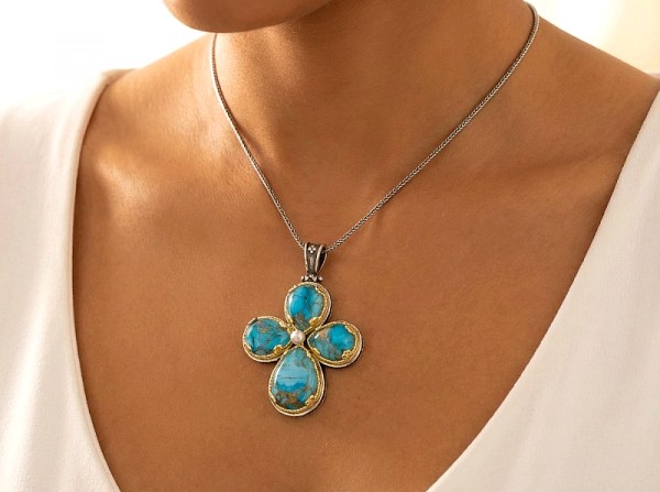 ΒΥΖΑΝΤΙΝΟΣ ΧΕΙΡΟΠΟΙΗΤΟΣ ΣΤΑΥΡΟΣ ΑΣΗΜΙ925 ΜΕ COOPER ΤΥΡΚΟΥΑΖ ΠΕΤΡΕΣ ΚΑΙ ΜΑΡΓΑΡΙΤΑΡΙ