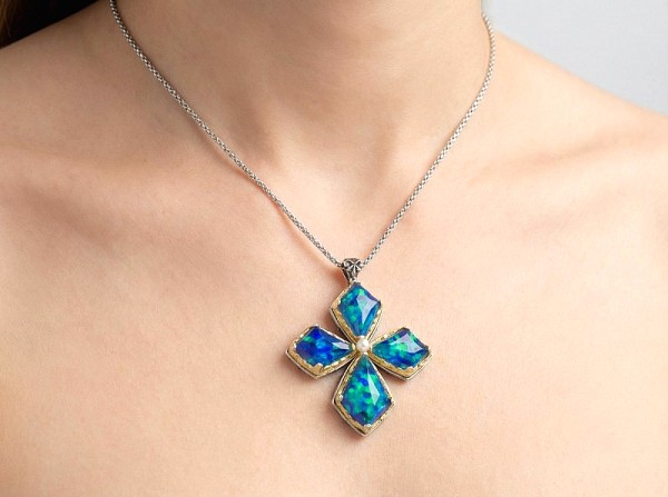 ΒΥΖΑΝΤΙΝΟΣ ΧΕΙΡΟΠΟΙΗΤΟΣ ΣΤΑΥΡΟΣ ΑΣΗΜΙ925 ΜΕ ΟΠΑΛ ΠΕΤΡΕΣ ΚΑΙ ΜΑΡΓΑΡΙΤΑΡΙ