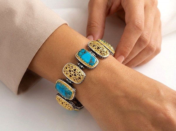 ΧΕΙΡΟΠΟΙΗΤΟ ΒΥΖΑΝΤΙΝΟ ΒΡΑΧΙΟΛΙ ΑΣΗΜΙ925 ΜΕ COPPER ΤΥΡΚΟΥΑΖ ΠΕΤΡΕΣ ΚΑΙ ΧΑΛΑΖΙΑ