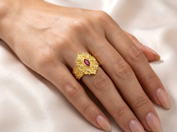 ΒΥΖΑΝΤΙΝΟ ΔΑΧΤΥΛΙΔΙ ΑΣΗΜΙ925 ΜΕ ΕΠΙΧΡΥΣΩΣΗ Κ18 ΚΑΙ COPPER ΤΥΡΚΟΥΑΖ ΠΕΤΡΑ