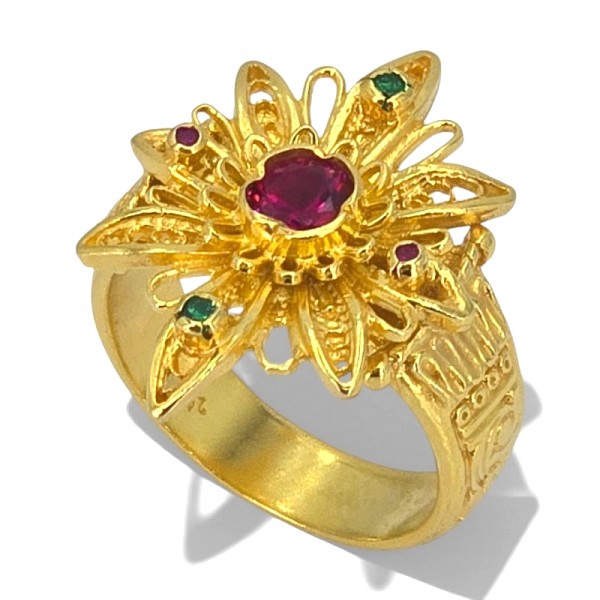 ΧΕΙΡΟΠΟΙΗΤΟ ΦΙΛΙΓΚΡΑΝ ΔΑΧΤΥΛΙΔΙ ΑΣΗΜΙ925 ΕΠΙΧΡΥΣΩΣΗ Κ18 ΜΕ ΡΟΥΜΠΙΝΟΓΡΑΝΑΔΑ ΚΑΙ ΖΙΡΚΟΝ ΠΕΤΡΕΣ