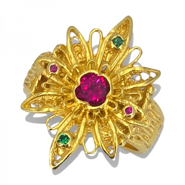 ΧΕΙΡΟΠΟΙΗΤΟ ΦΙΛΙΓΚΡΑΝ ΔΑΧΤΥΛΙΔΙ ΑΣΗΜΙ925 ΕΠΙΧΡΥΣΩΣΗ Κ18 ΜΕ ΡΟΥΜΠΙΝΟΓΡΑΝΑΔΑ ΚΑΙ ΖΙΡΚΟΝ ΠΕΤΡΕΣ